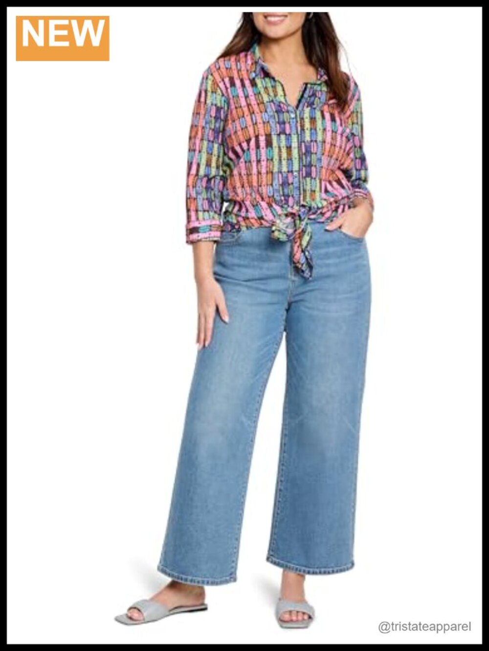 NIC+ZOE Women's Rainbow Crinkle Button Front Blouse Tunic 3/4 Sleeve Cotton